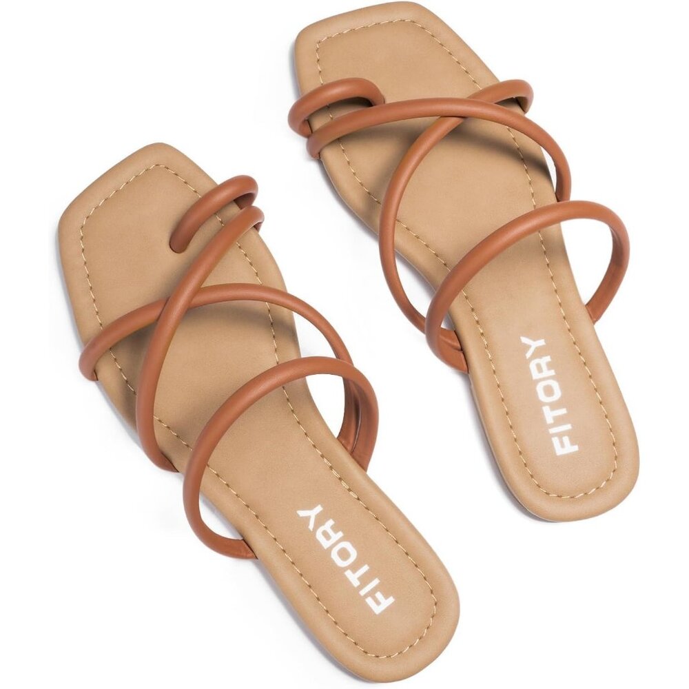 Women's Brown Soft Flat Toe Ring Style Thongs Cross Strap Slide Sandal Shoes